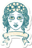 grunge sticker with banner of female face with crown of flowers png