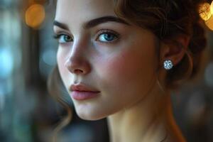 AI generated The face of a beautiful stylish girl in fashionable jewelry, large earrings photo