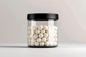 AI generated white capsules for medicines or food additives in a transparent plastic bottle on a white background photo