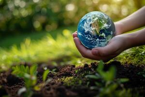 ai generado de cerca de un del hombre manos participación un globo de el tierra. tierra día concepto salvar el mundo salvar el ambiente foto