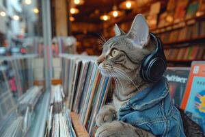 AI generated A cat with headphones in a music store photo