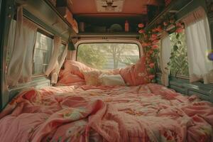 AI generated The cozy interior of the bedroom in the motorhome. Places to sleep in a camper van photo