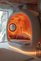 AI generated A futuristic bedroom in bright colors. 3d illustration photo