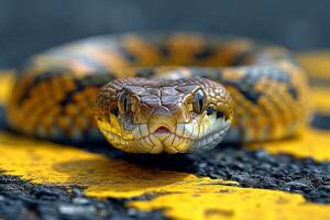 ai generado un serpiente gatea a través de un peatonal cruce en el calle foto