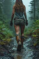 AI generated A girl walking through mud in the middle of the jungle in rainy weather photo