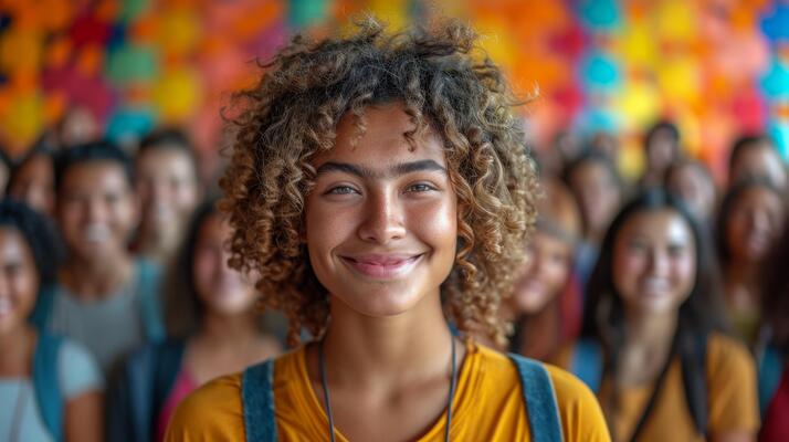 AI generated Portrait of a cheerful curly-haired girl against the background of friends