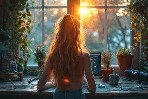 AI generated Portrait of a young girl working at home at a computer by the window at sunset. The concept of a freelancer photo