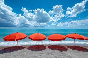 AI generated A red umbrella on a deserted beach against the background of the sea photo