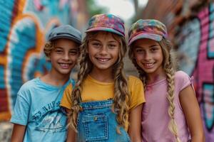 ai generado Tres amigos en vistoso ropa teniendo divertido en un verano vacaciones fuera de foto