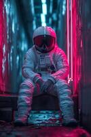 AI generated an astronaut in a white spacesuit and helmet, sitting on the floor in a red neon light photo