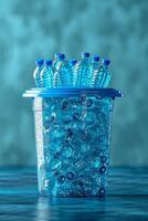 AI generated Lots of plastic bottles in a bucket on a blue background photo