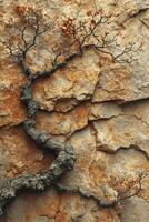 AI generated A tree growing on a rock. The roots are breaking through the rocks photo