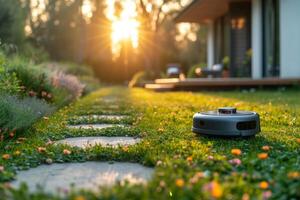 ai generado un robot vacío limpiador es trabajando en el patio en el césped a puesta de sol foto