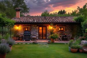 ai generado lujo país casa con noche Encendiendo después puesta de sol foto