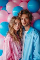 AI generated A young couple on a background of pink and blue balloons. Gender party photo