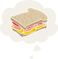 sándwich de jamón de dibujos animados y burbuja de pensamiento en estilo retro png