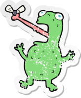 retro distressed sticker of a cartoon frog catching fly png