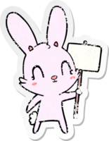 distressed sticker of a cute cartoon rabbit with sign png