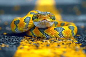 AI generated A snake crawls across a pedestrian crossing on the street photo