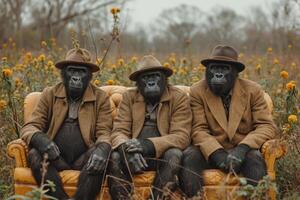 AI generated Gorillas in clothes are sitting on a couch outside photo