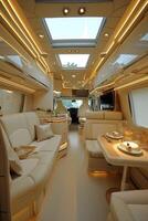 AI generated Luxurious interior inside the motorhome. The concept of a comfortable journey photo