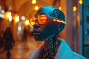 ai generado retrato de un africano cyborg mujer con anteojos, futurista estilo foto