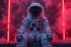 ai generado un astronauta en un blanco traje espacial y casco, sentado en el piso en un rojo neón ligero foto