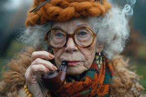 AI generated A fashionable elderly woman smokes a pipe on the street in autumn photo