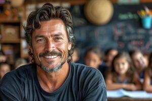 ai generado retrato de un sonriente masculino profesor en un elemental colegio salón de clases foto