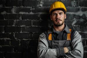 AI generated Portrait of a bricklayer in the workplace. Construction worker photo