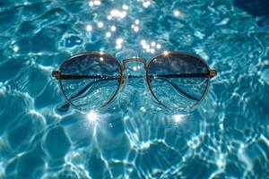 AI generated sunglasses float in the water in warm sunny weather photo