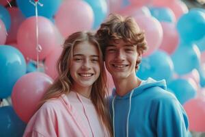 ai generado un joven Pareja en un antecedentes de rosado y azul globos género fiesta foto