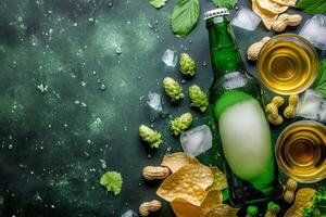 AI generated Realistic beer bottle with golden bubbles on the background with snacks. A refreshing drink without a label photo