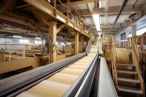 AI generated A paper production line at a waste paper recycling factory. Pulp and paper mill photo