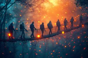 AI generated A group of people walk over a suspension bridge at night photo