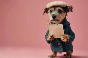 ai generado un perro en un sombrero y ropa lee un letra en un rosado antecedentes foto