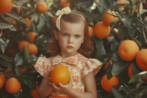 ai generado un pequeño niña en un naranja huerta sostiene un naranja en su manos foto