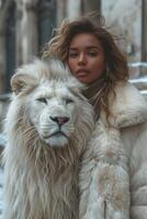 AI generated Beautiful fashionable young woman with a beautiful big lion photo