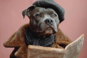 ai generado un perro en un sombrero y ropa lee un letra en un rosado antecedentes foto