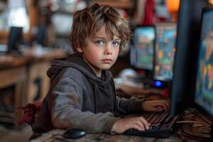 AI generated A charming streamer boy is playing a video game on a computer with a calm expression on his face photo