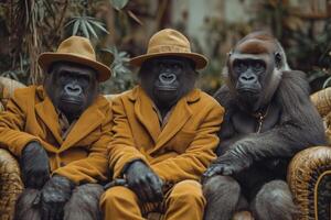 AI generated Gorillas in clothes are sitting on a couch outside photo