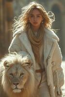 AI generated Beautiful fashionable young woman with a beautiful big lion photo