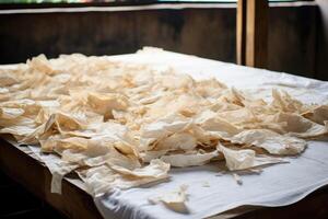 ai generado un papel producción línea a un residuos papel reciclaje fábrica. pulpa y papel molino foto