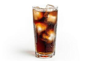 AI generated Cola with ice in a glass on a white background photo