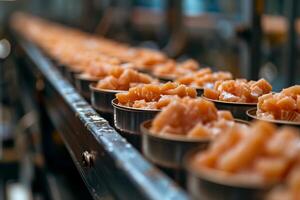 AI generated Production of canned fish. Tin cans of fish on the conveyor photo