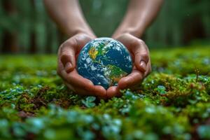 ai generado de cerca de un del hombre manos participación un globo de el tierra. tierra día concepto salvar el mundo salvar el ambiente foto