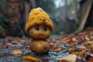 ai generado patatas en un amarillo sombrero con un triste sonriente cara foto