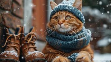 ai generado un gato en un invierno sombrero y bufanda en el tarde en invierno en el calle cerca el del propietario Zapatos foto