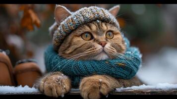 ai generado un gato en un invierno sombrero y bufanda en el calle durante el día en invierno foto