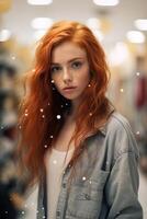 AI generated Close-up of a beautiful white girl with red hair, dressed in stylish clothes, who looks at the camera and smiles photo